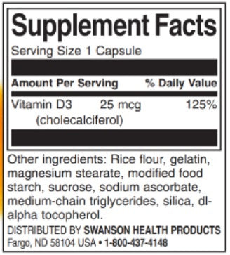 Swanson Vitamin D3 - 1000 IU - 30 Kapsel